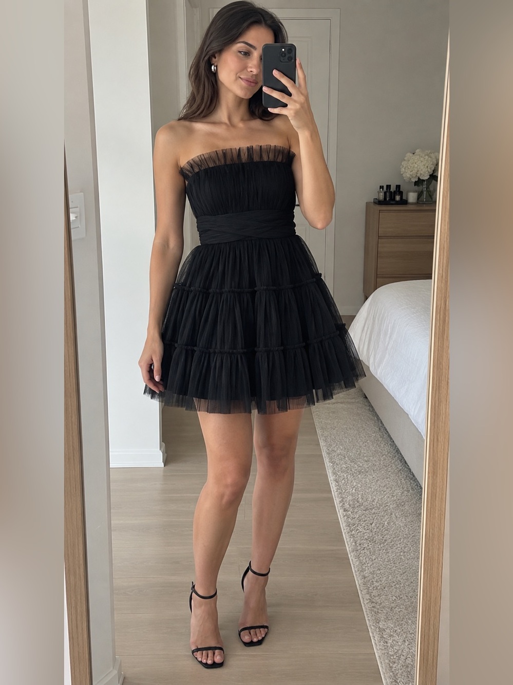 Crystal Sky Black Strapless Tiered Tulle Fit & Flare Mini Dress Size S NWT
